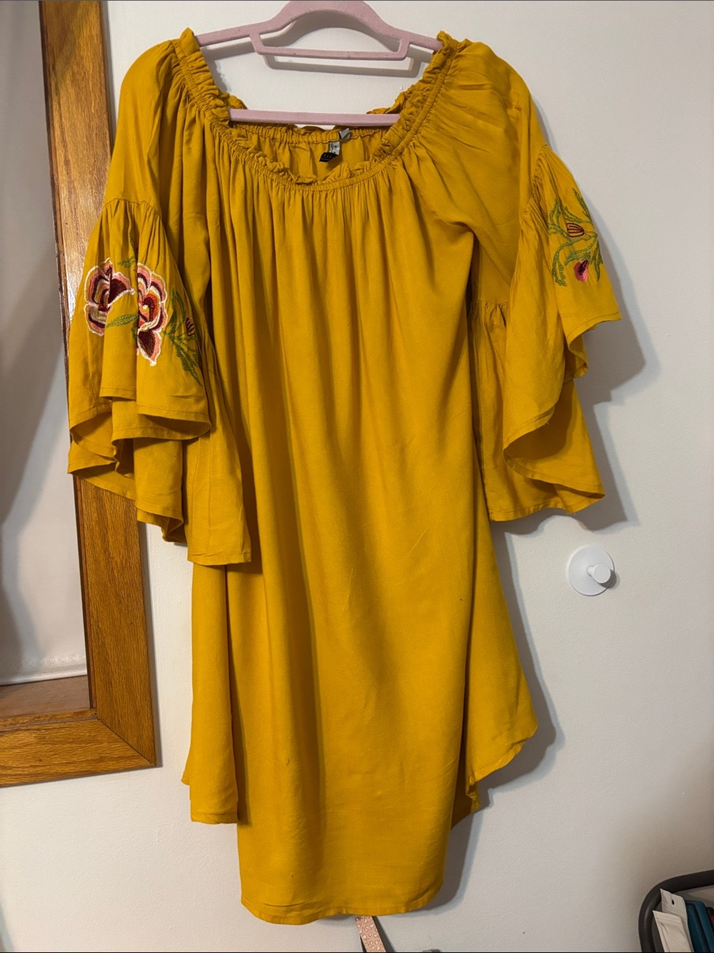 Embroidered Bell-Sleeve Off-Shoulder Yellow Dress